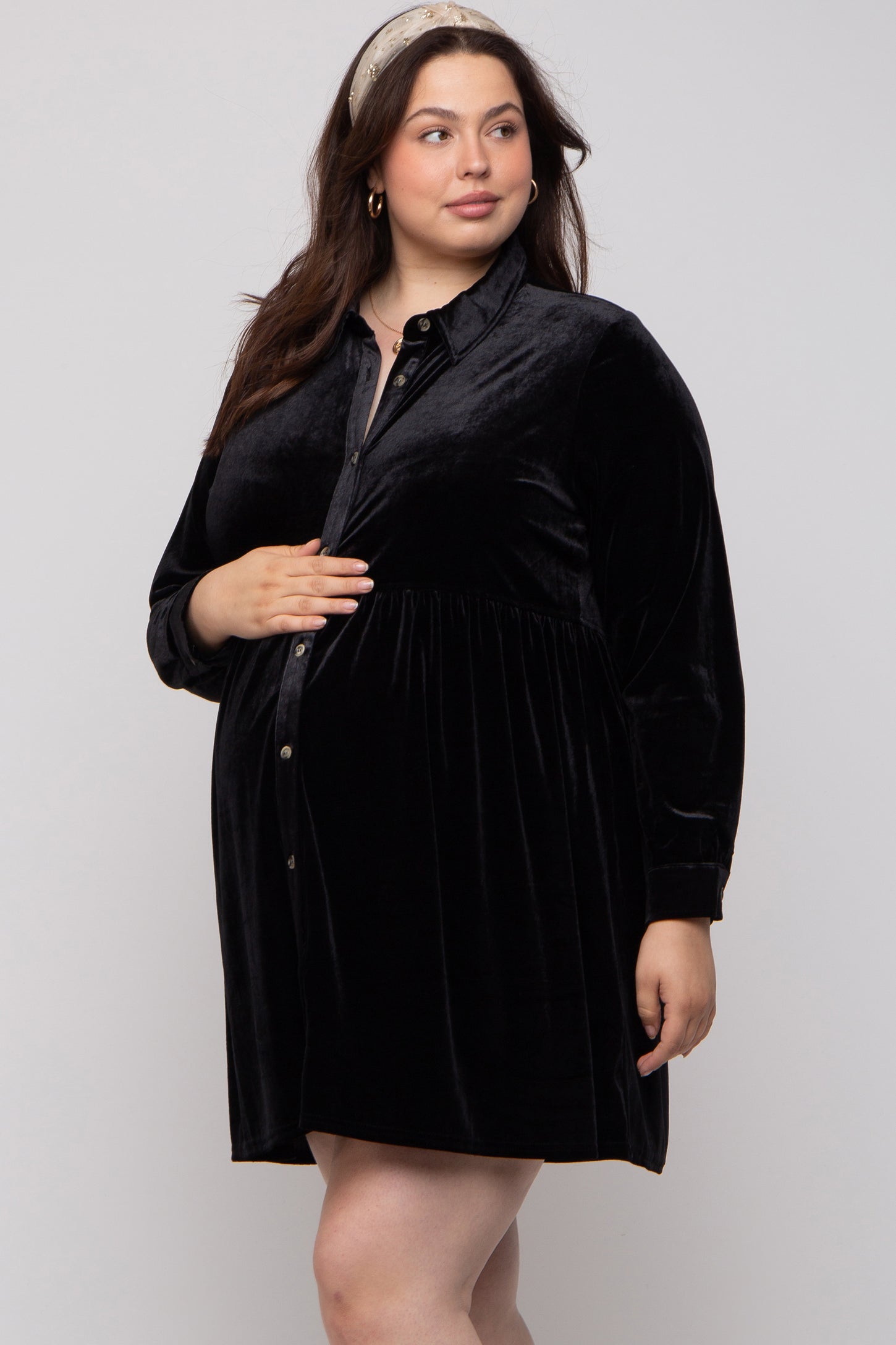 Black Velvet Button Down Maternity Plus Mini Dress PinkBlush Black Velvet Button Down Maternity Plus Mini Dress PinkBlush