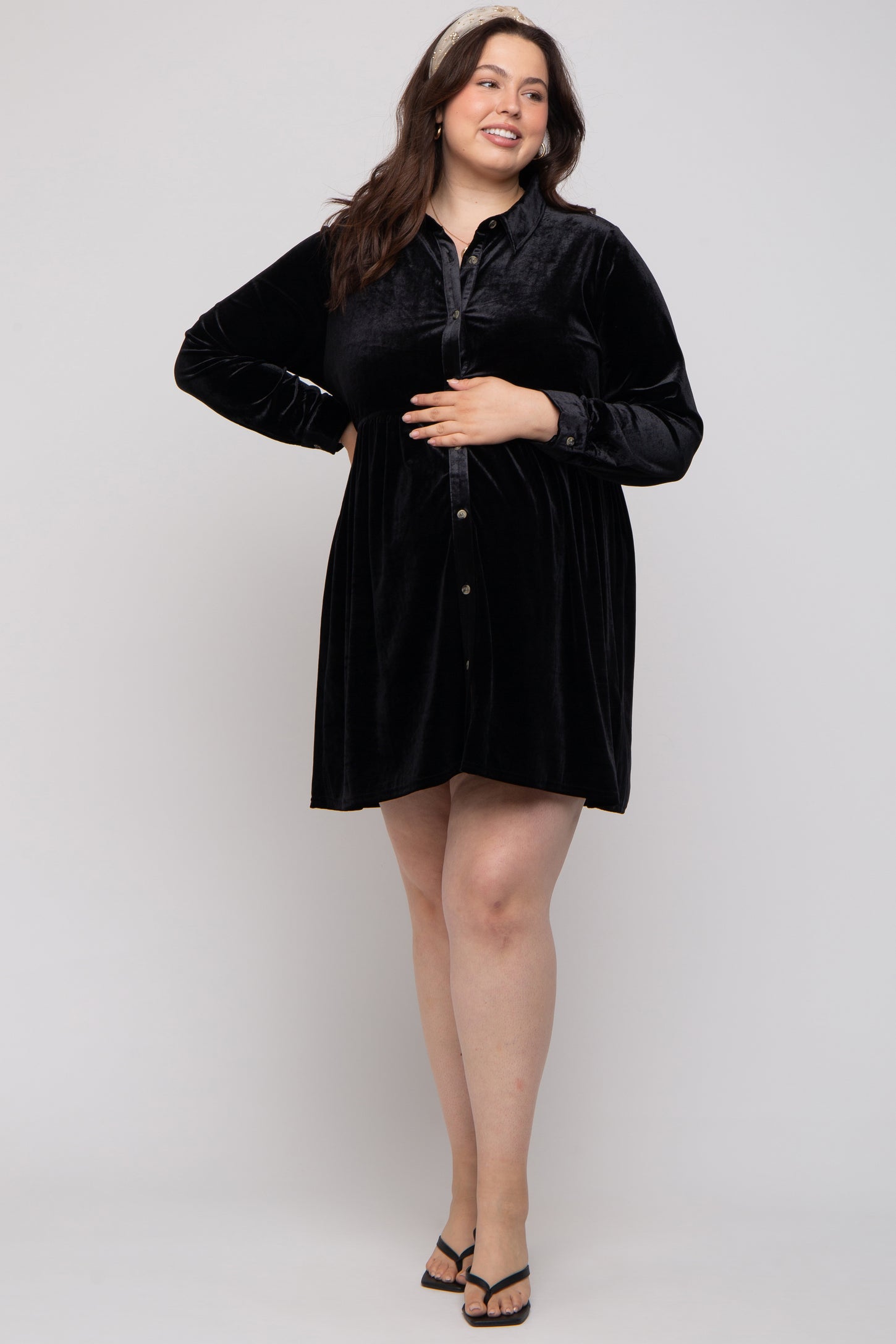 Black Velvet Button Down Maternity Plus Mini Dress PinkBlush Black Velvet Button Down Maternity Plus Mini Dress PinkBlush
