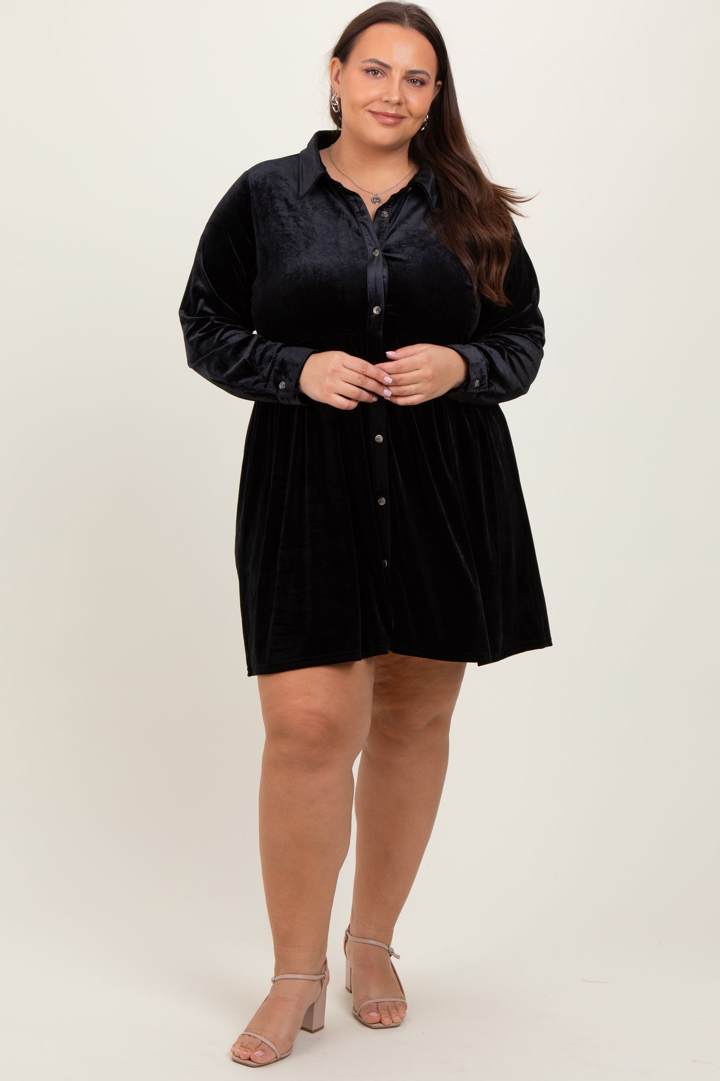Black Velvet Button Down Maternity Plus Mini Dress PinkBlush Black Velvet Button Down Maternity Plus Mini Dress PinkBlush