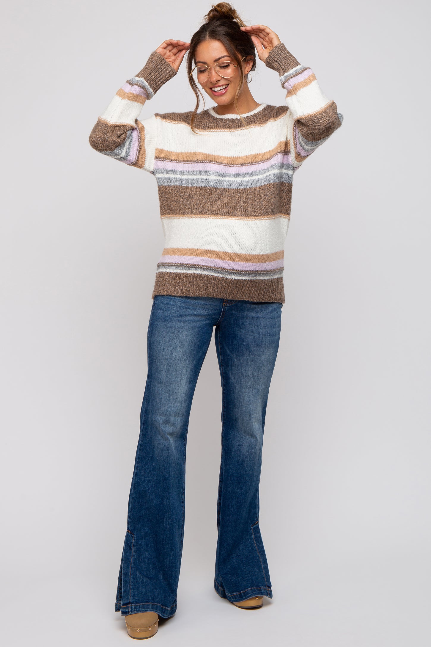 Mocha Striped Drop Shoulder Maternity Sweater