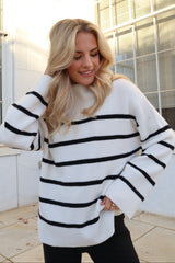 Ivory Striped Mock Neck Sweater