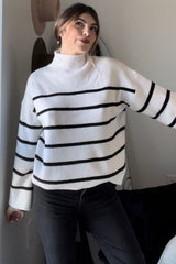 Ivory Striped Mock Neck Sweater