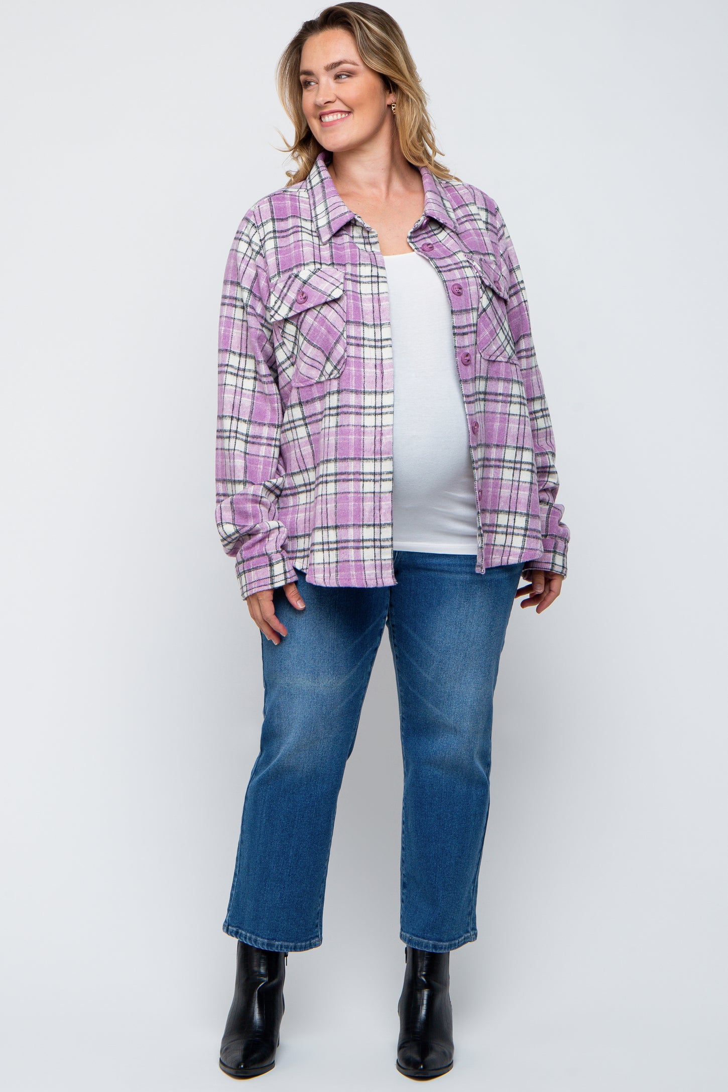 Lavender Plaid Button Down Plus Maternity Flannel