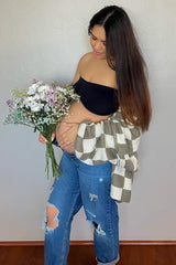 Olive Checkered Print Oversized Maternity Cardigan