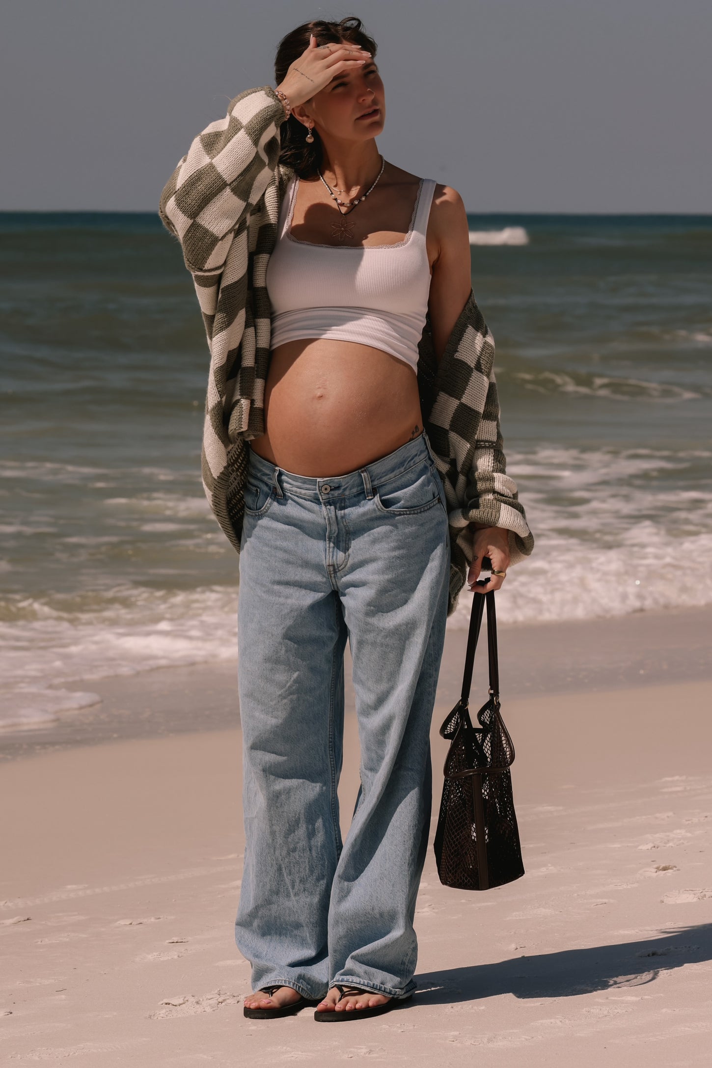 Olive Checkered Print Oversized Maternity Cardigan