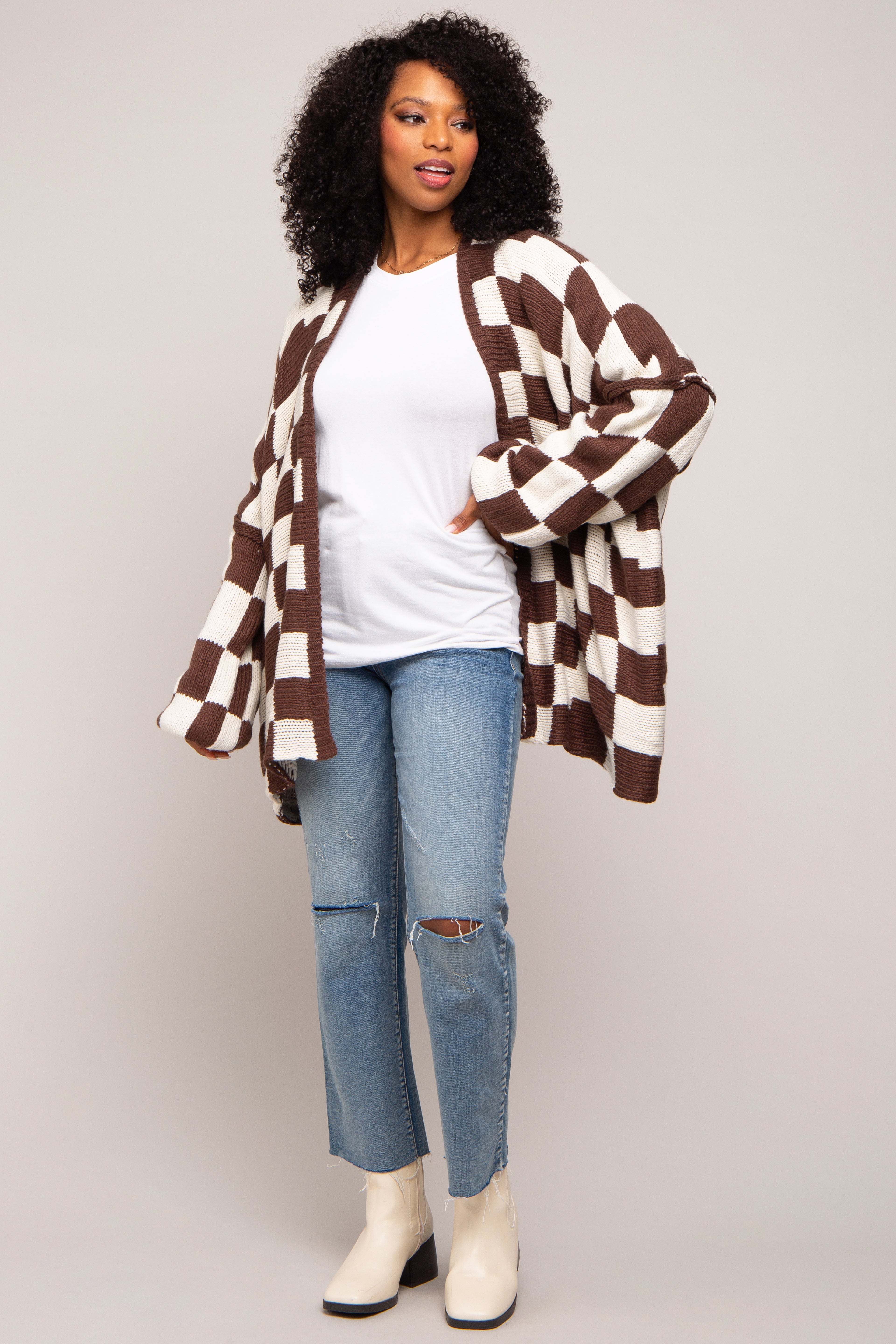 スノーピークPrinted Wo/Ny Cardigan M Beige Brown Checkered Print Oversized Cardigan – PinkBlush