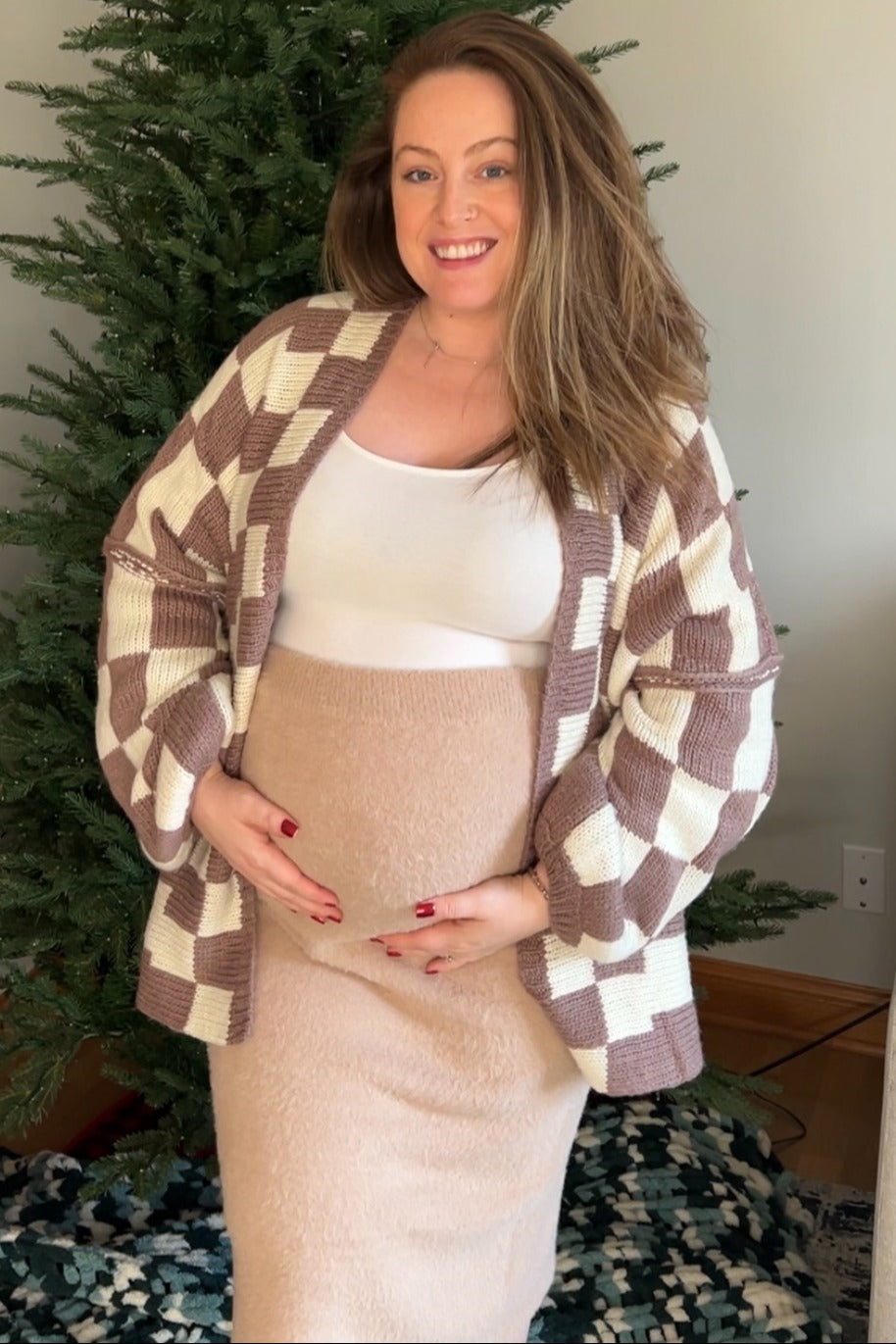 Taupe Checkered Print Oversized Maternity Cardigan