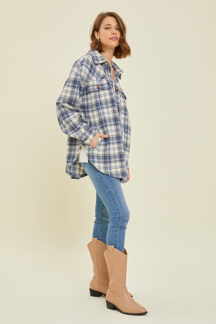 Navy Blue Flannel Plaid Button Up Shacket