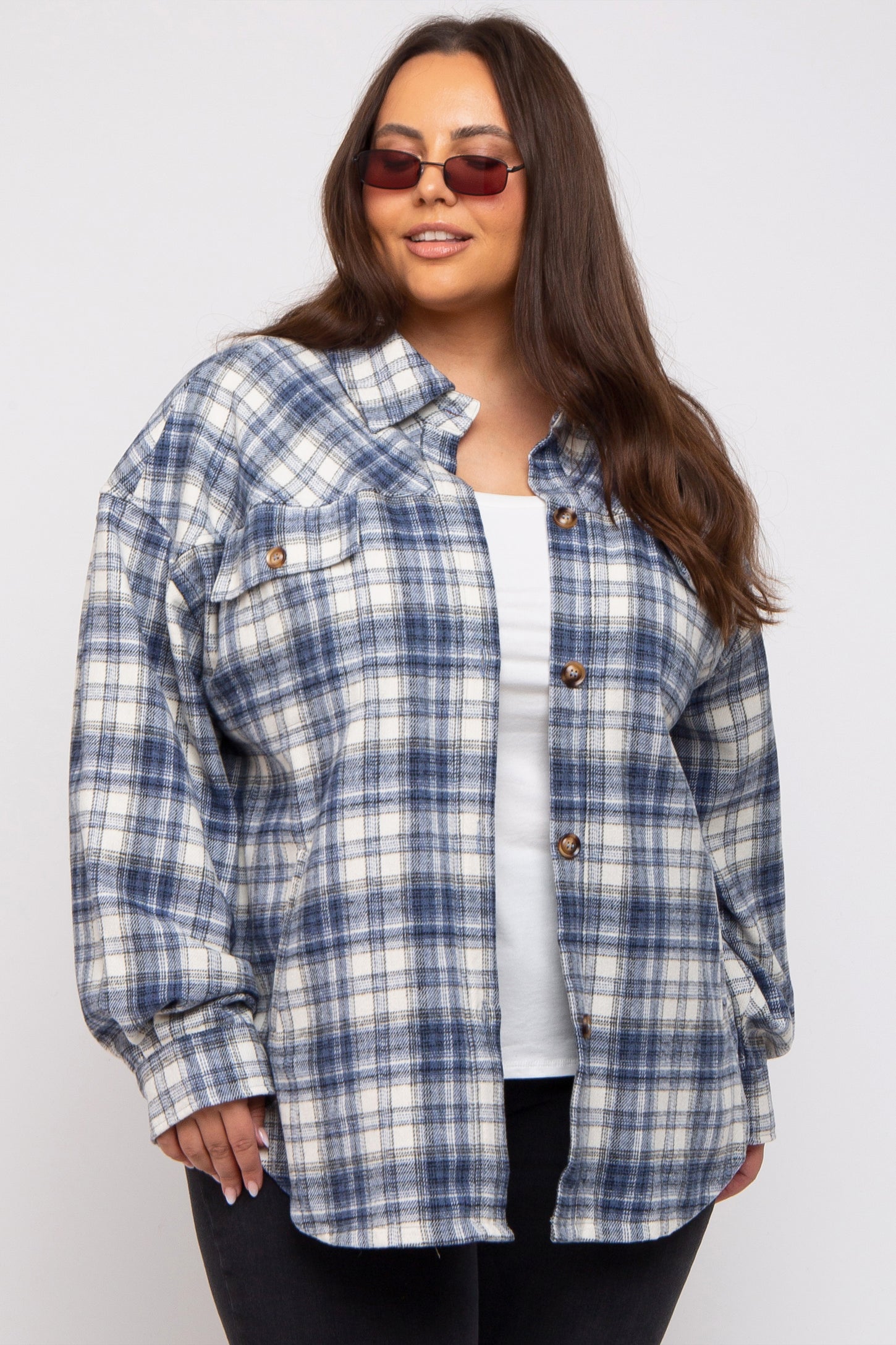 Navy Blue Flannel Plaid Button Up Maternity Plus Shacket