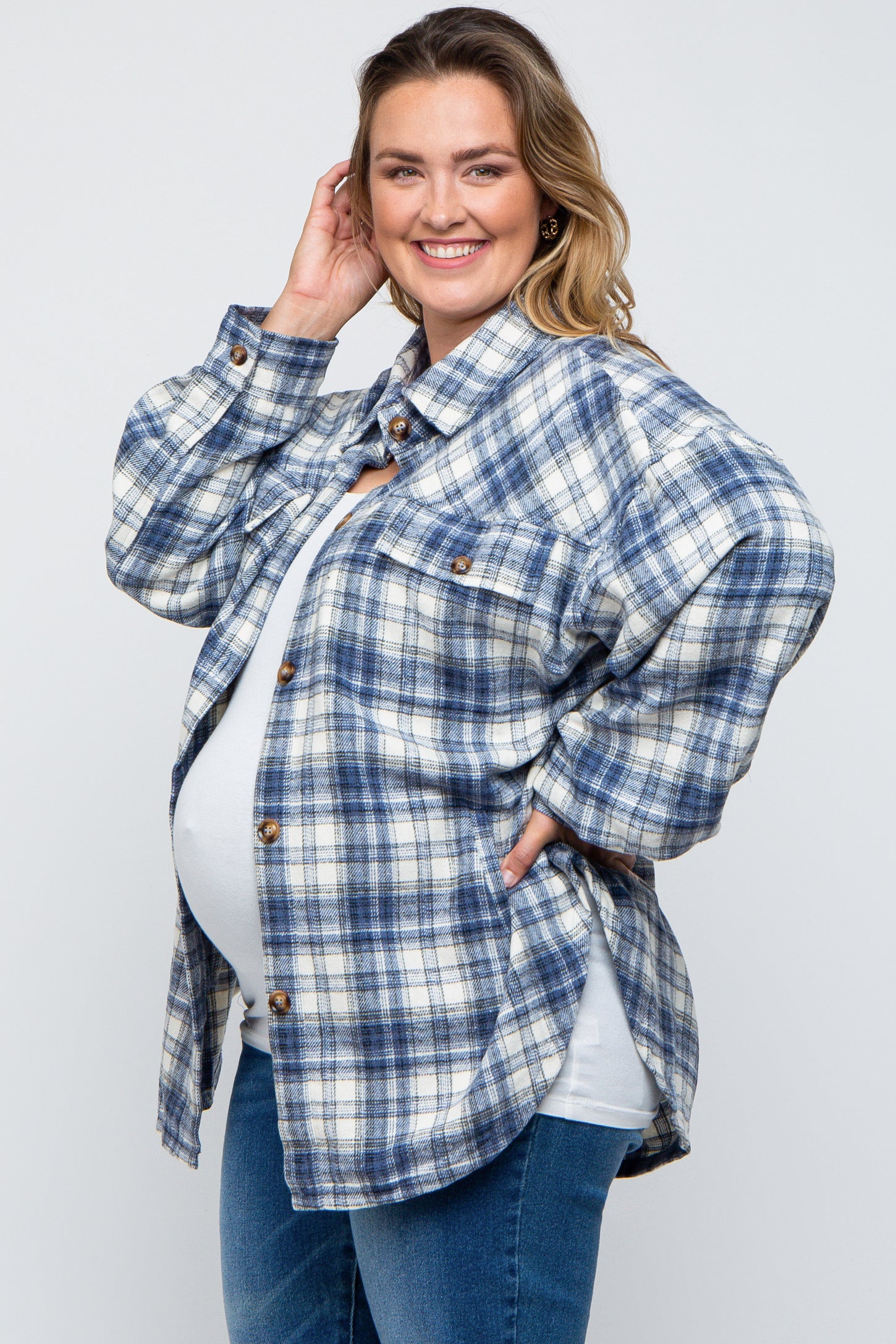 Navy Blue Flannel Plaid Button Up Maternity Plus Shacket