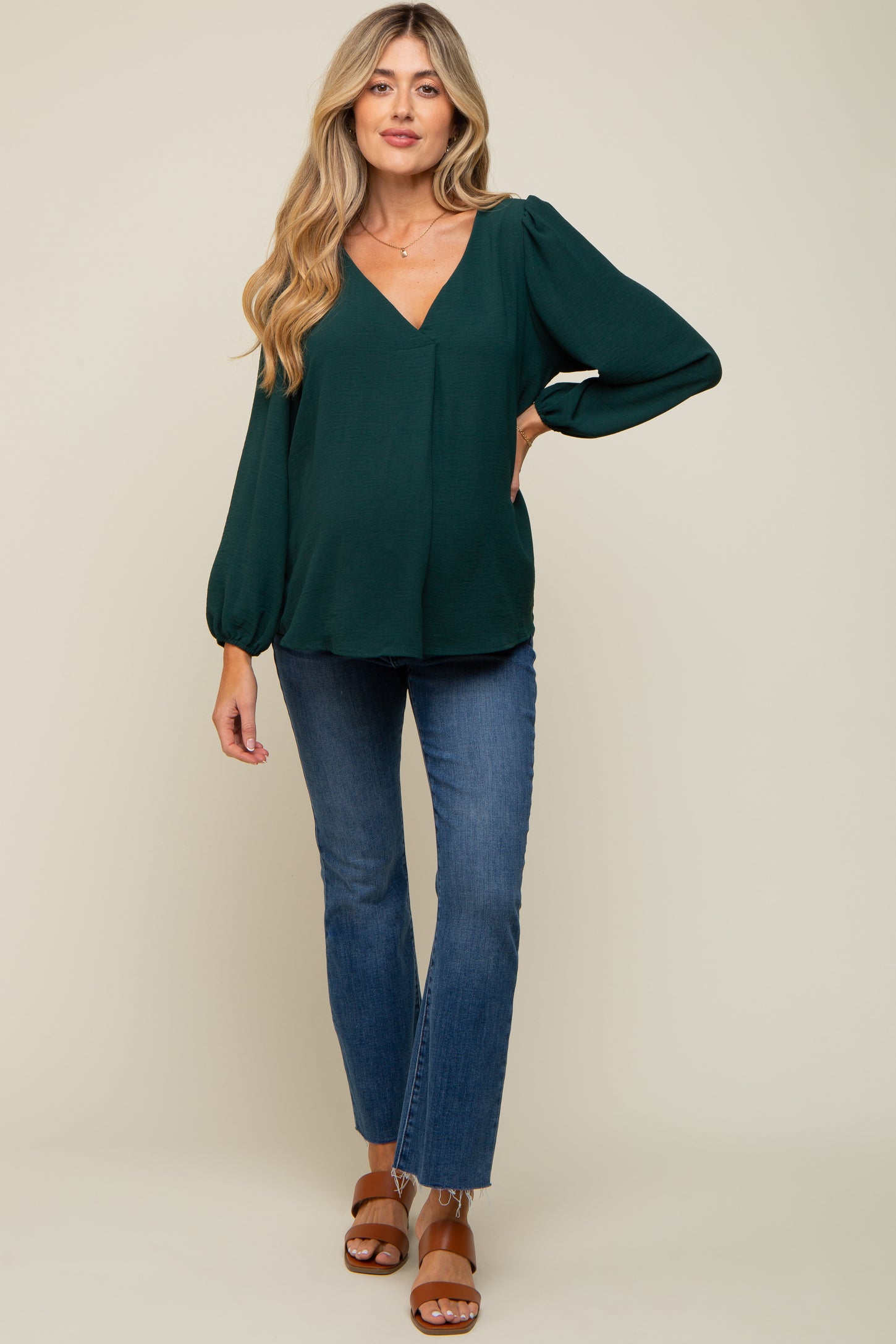 Forest Green Long Puff Sleeve Blouse Top