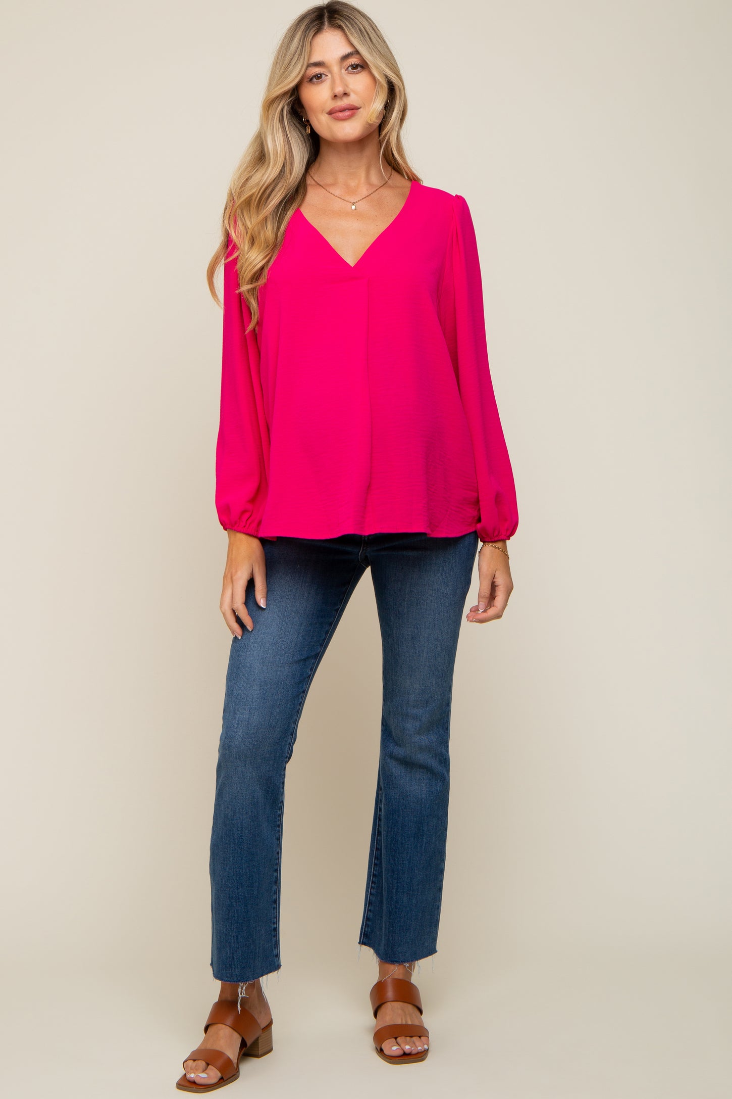 Fuchsia Long Puff Sleeve Maternity Blouse Top