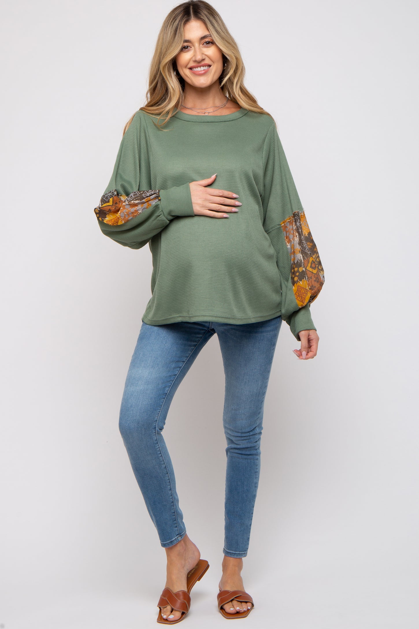 Olive Waffle Knit Contrast Sleeve Maternity Top