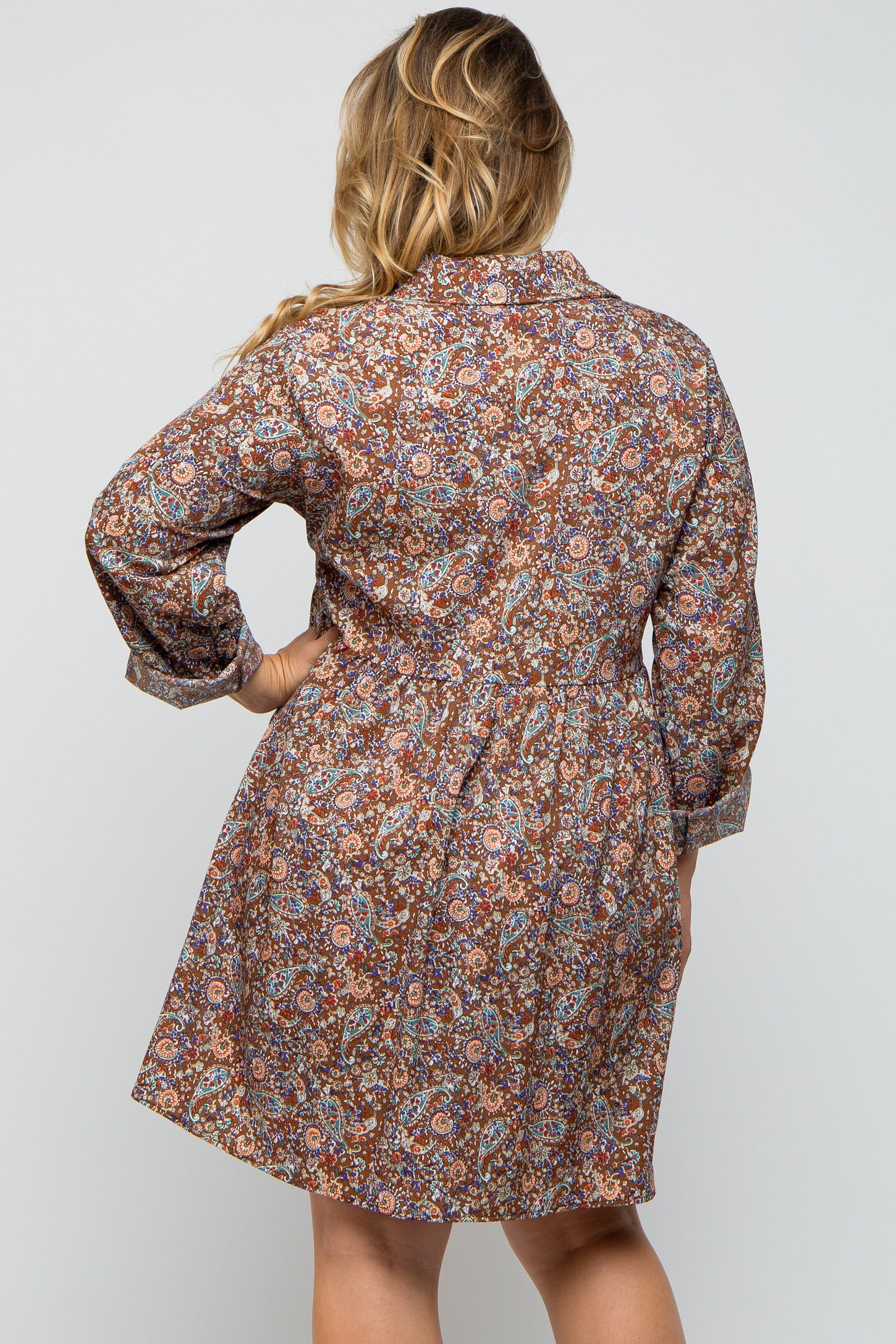 Brown Floral Paisley Button Up Maternity Plus Dress