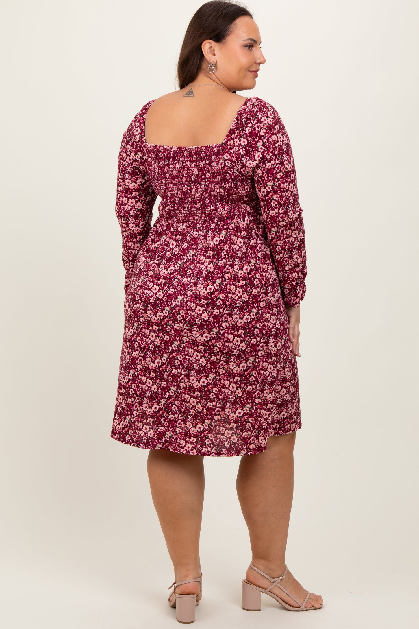 Burgundy Floral Ruched Long Sleeve Plus Dress PinkBlush Burgundy Floral Ruched Long Sleeve Plus Dress PinkBlush