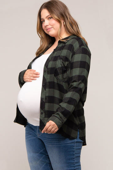 Forest Green Checkered Maternity Plus Long Sleeve Button Down Top