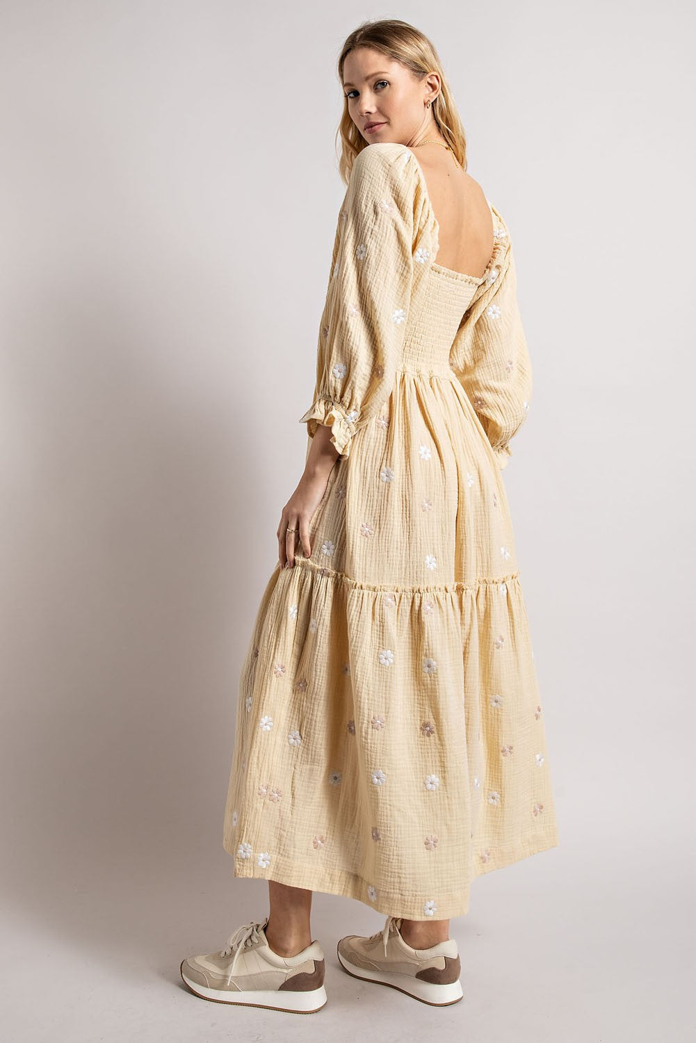 Beige Gauze Embroidery Smocking Tiered Gradient Dress PinkBlush Beige Gauze Embroidery Smocking Tiered Gradient Dress PinkBlush