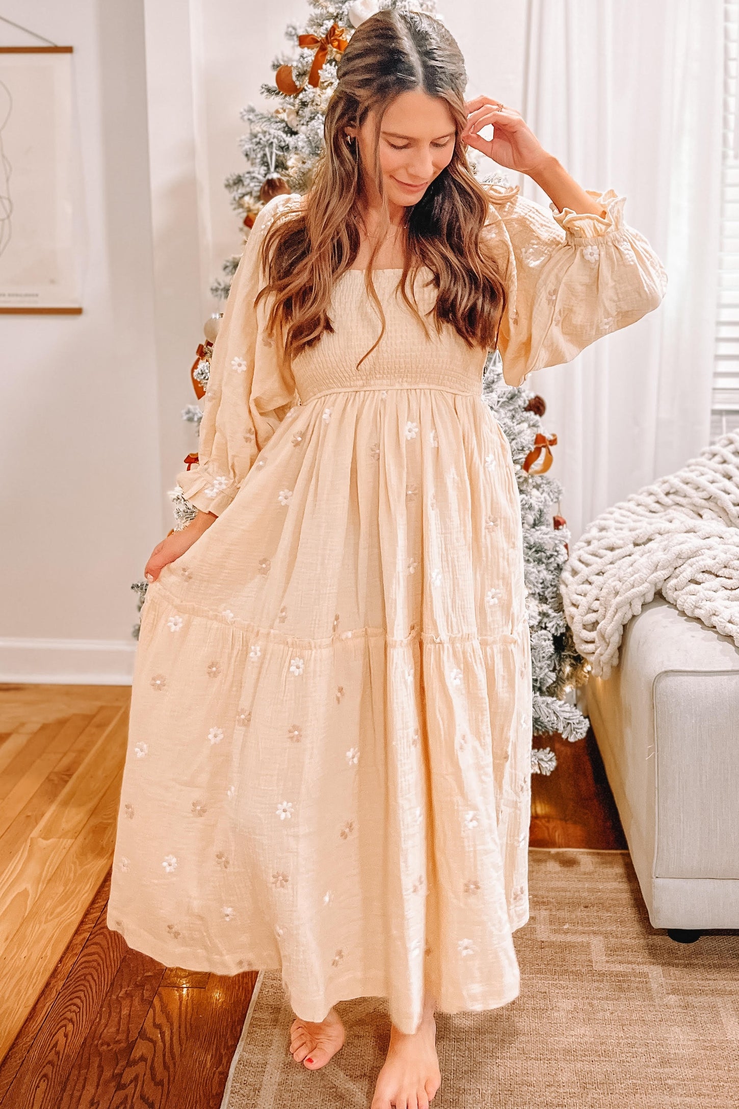 Beige Gauze Embroidery Smocking Tiered Gradient Dress PinkBlush Beige Gauze Embroidery Smocking Tiered Gradient Dress PinkBlush
