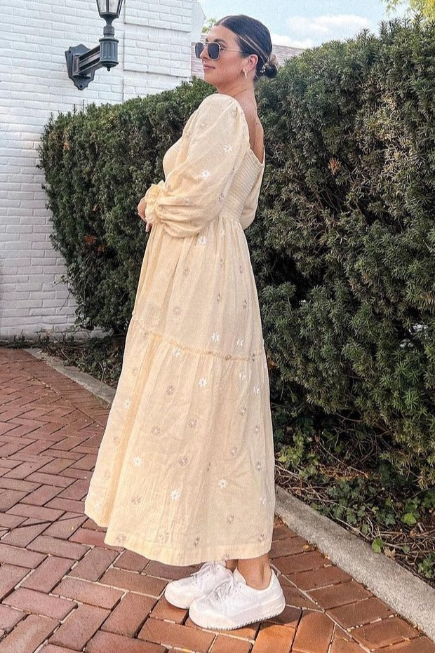 beige tiered dress Gauze Embroidery Smocking Gradient Short Sleeves V-Neck Asymmetrical exchangeable Details Tiered maxi Colour:Azure