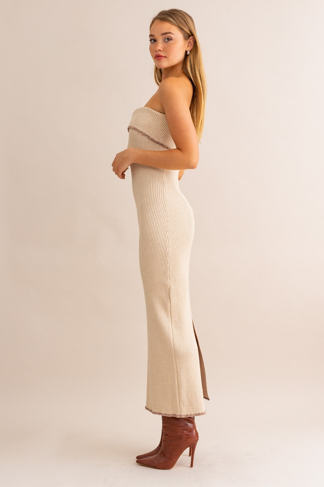 Beige Strapless Fold Over Lettuce Trim Maxi Dress PinkBlush Beige Strapless Fold Over Lettuce Trim Maxi Dress PinkBlush