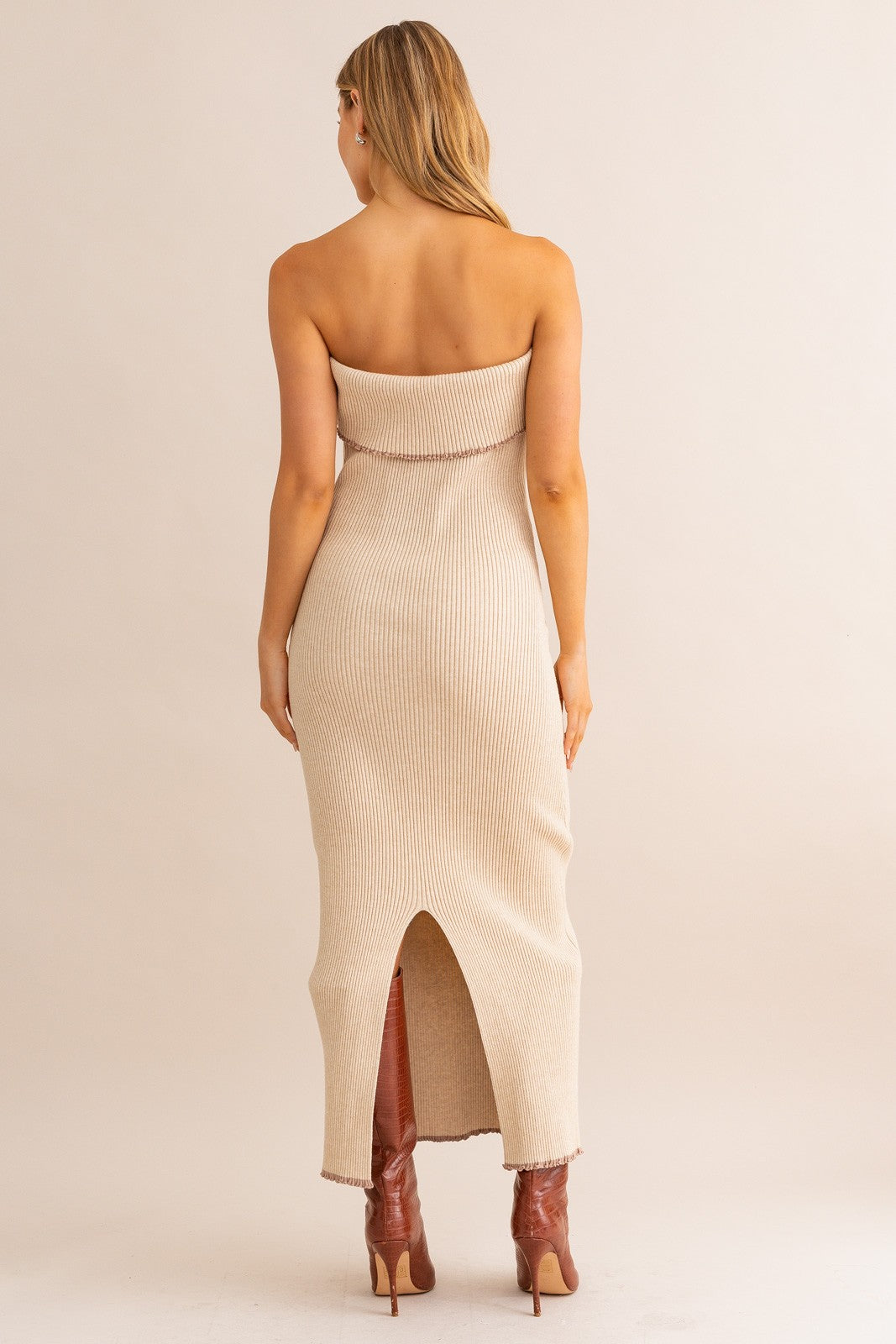 Beige Strapless Fold Over Lettuce Trim Maxi Dress PinkBlush Beige Strapless Fold Over Lettuce Trim Maxi Dress PinkBlush