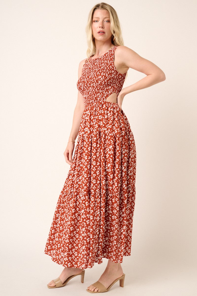 Rust Abstract Animal Print Cut Out Detail Maxi Dress