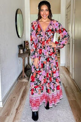 Black Floral Long Sleeve Tiered Maxi Dress