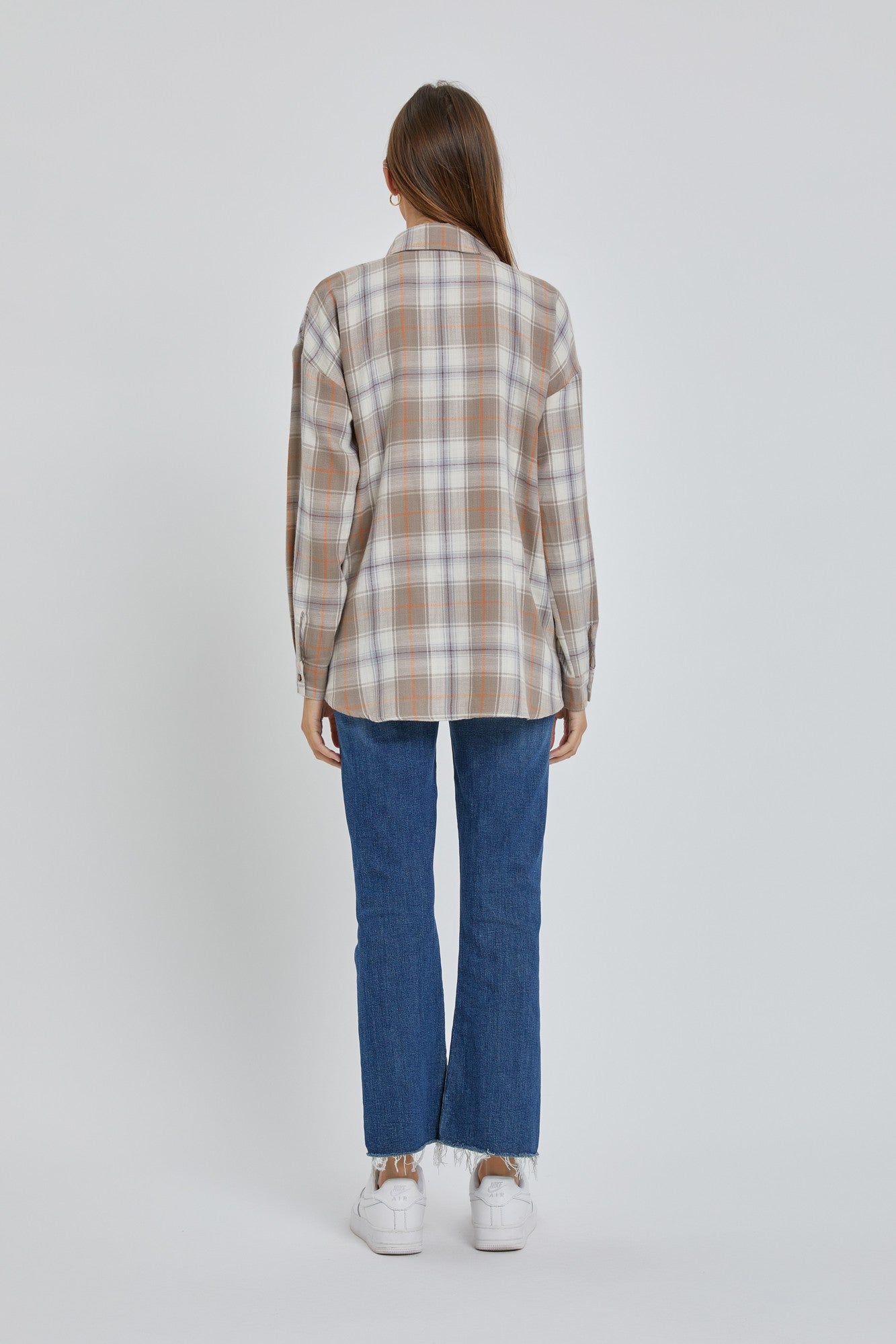 Taupe Flannel Plaid Button Up Top