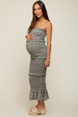 Forest Green Floral Smocked Ruffle Tier Maternity Midi Dress