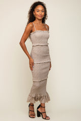 Taupe Floral Smocked Ruffle Tier Maternity Midi Dress