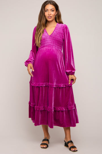 Magenta Velvet Smocked Maternity Midi Dress