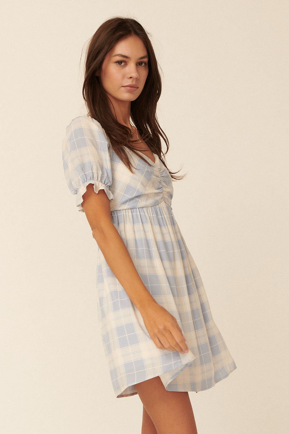 Powder Blue Plaid Sweetheart Ruched Short Sleeve Mini Dress PinkBlush Powder Blue Plaid Sweetheart Ruched Short Sleeve Mini Dress PinkBlush