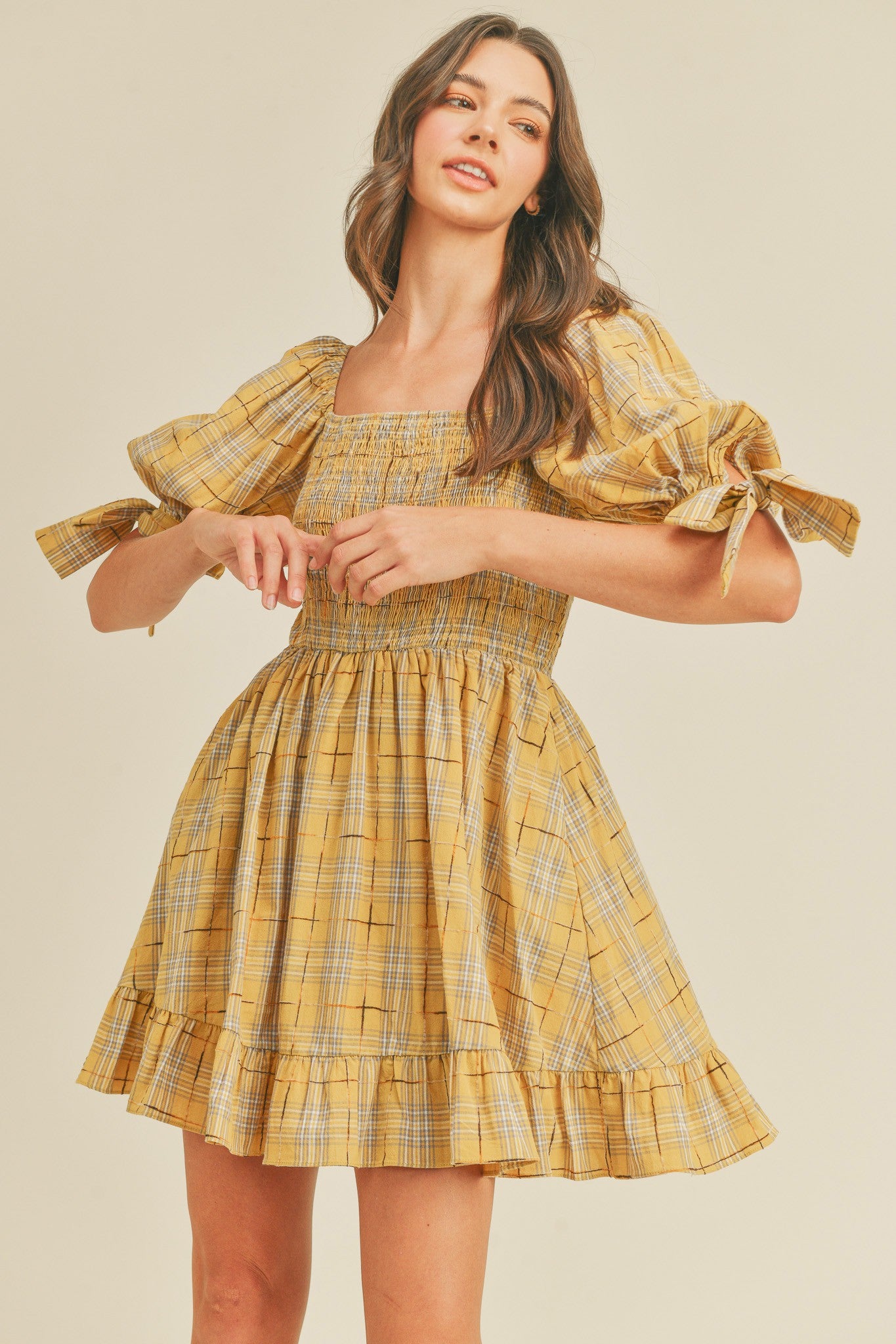 Gold Plaid Plaid Smocked Mini Dress Small