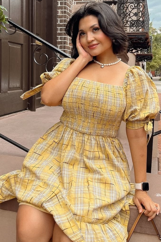 Gold Plaid Plaid Smocked Mini Dress Small Gold Plaid Plaid Smocked Mini Dress Small