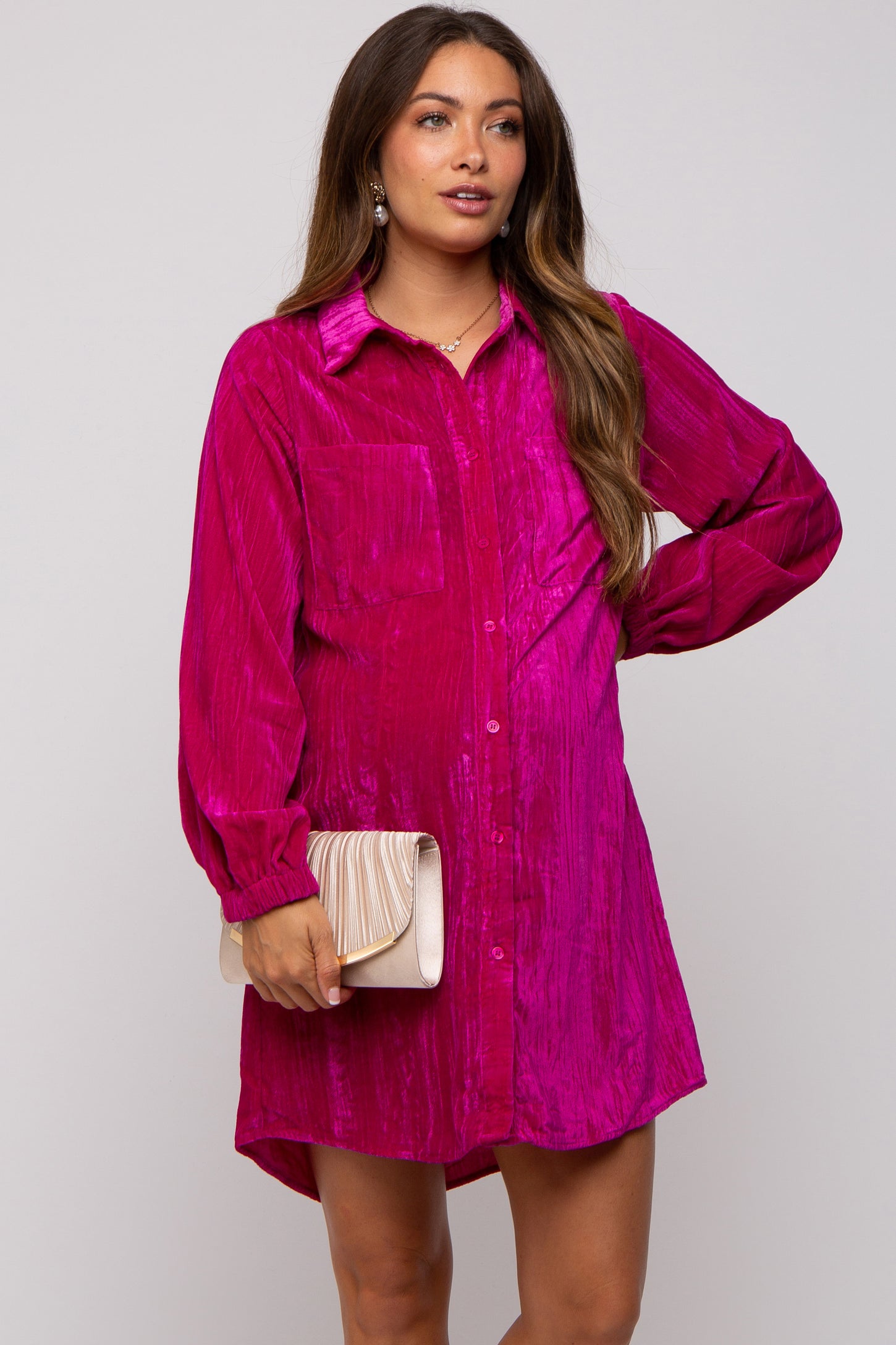 Magenta Velour Button Up Maternity Dress