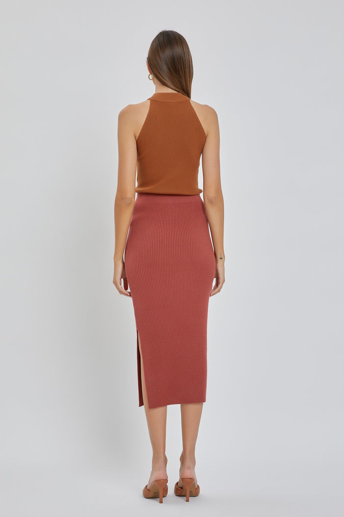 Mauve Ribbed Fitted Side Slit Midi Skirt