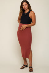 Mauve Ribbed Fitted Side Slit Maternity Midi Skirt
