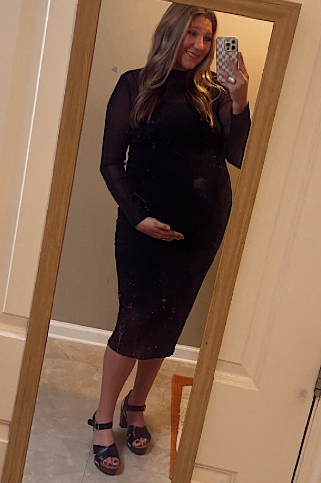 Pinkblush Black Shimmer Mesh Long Sleeve Ruched Maternity Midi Dress Large Pinkblush Black Shimmer Mesh Long Sleeve Ruched Maternity Midi Dress Large