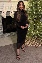 Black Shimmer Mesh Long Sleeve Ruched Maternity Midi Dress