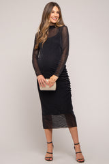 Black Shimmer Mesh Long Sleeve Ruched Maternity Midi Dress