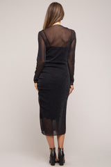 Black Shimmer Mesh Long Sleeve Ruched Maternity Midi Dress PinkBlush Black Shimmer Mesh Long Sleeve Ruched Maternity Midi Dress PinkBlush