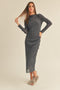 Charcoal Shimmer Mesh Long Sleeve RuchedMidi Dress
