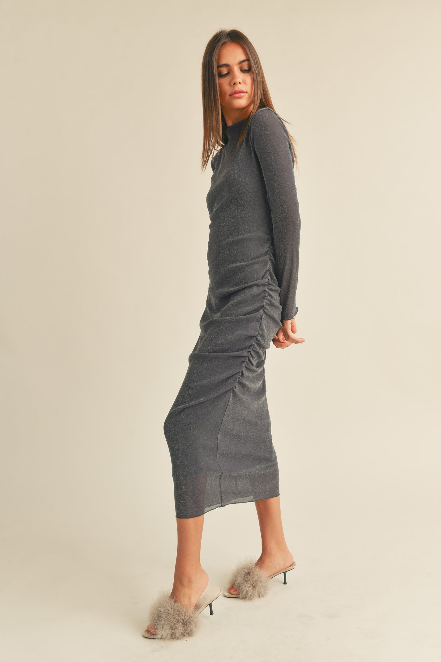Charcoal Shimmer Mesh Long Sleeve Ruched Midi Dress PinkBlush Charcoal Shimmer Mesh Long Sleeve Ruched Midi Dress PinkBlush