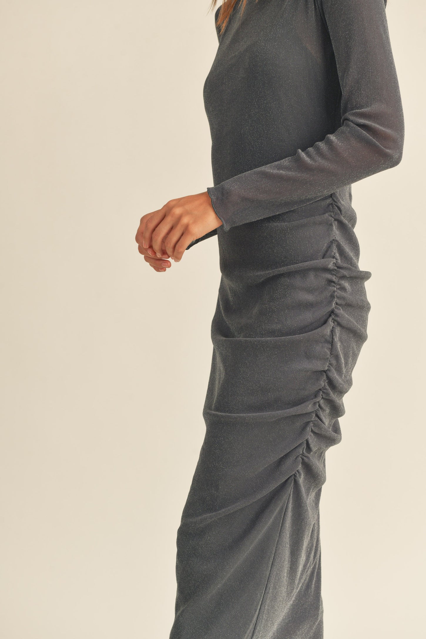 Charcoal Shimmer Mesh Long Sleeve Ruched Midi Dress PinkBlush Charcoal Shimmer Mesh Long Sleeve Ruched Midi Dress PinkBlush