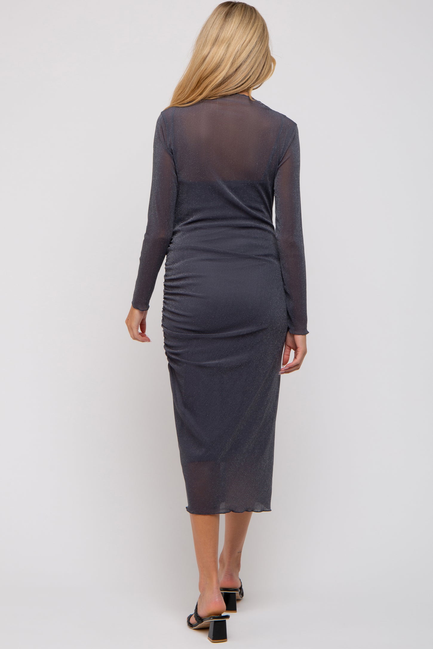 Pinkblush Charcoal Shimmer Mesh Long Sleeve Ruched Maternity Midi Dress Small Pinkblush Charcoal Shimmer Mesh Long Sleeve Ruched Maternity Midi Dress Small