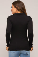 Black Ribbed Collared Long Sleeve Maternity Top