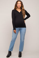 Black Ribbed Collared Long Sleeve Maternity Top