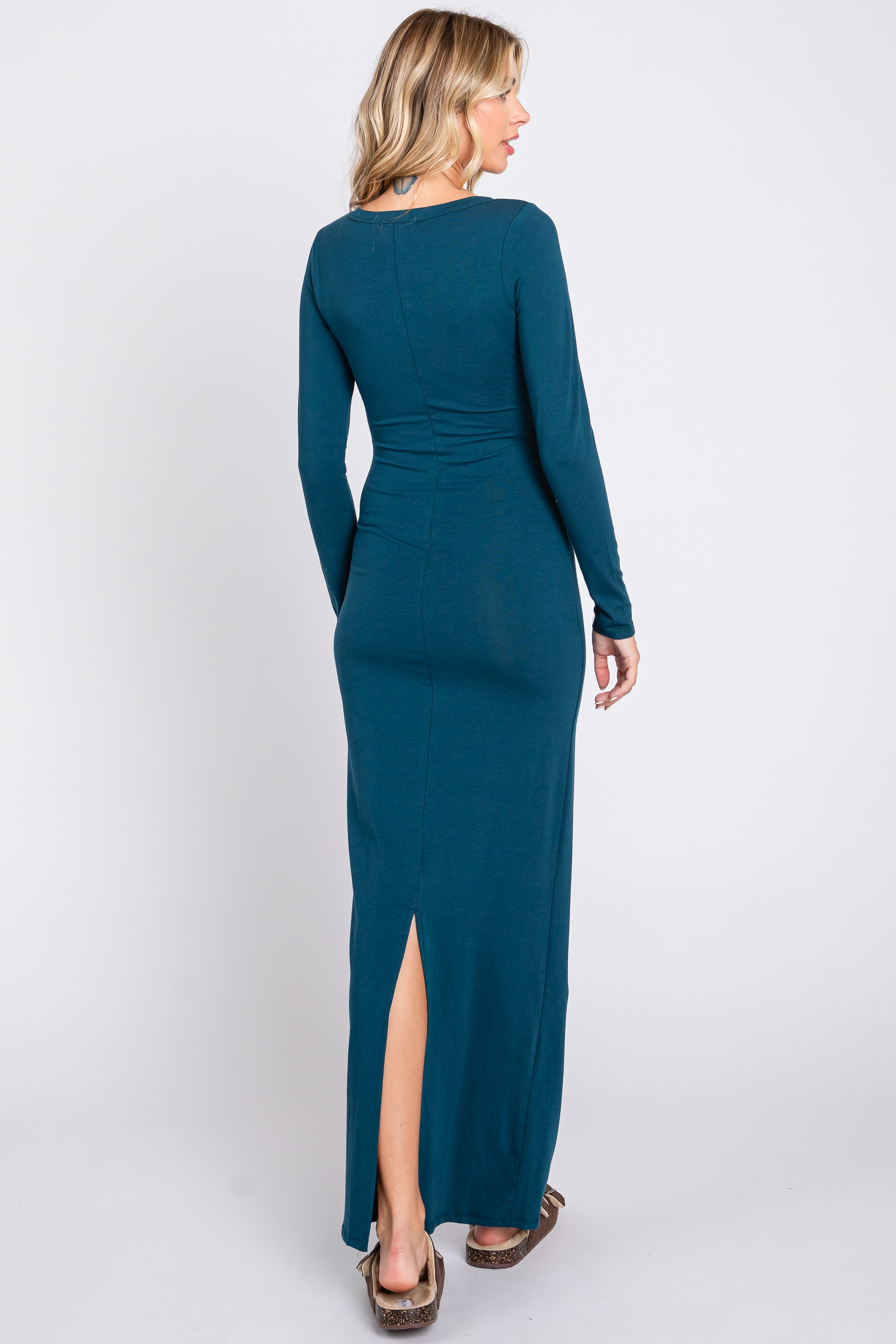 long teal dress Dark Teal Solid Long Sleeve Scoop Neck Maxi Dress – PinkBlush
