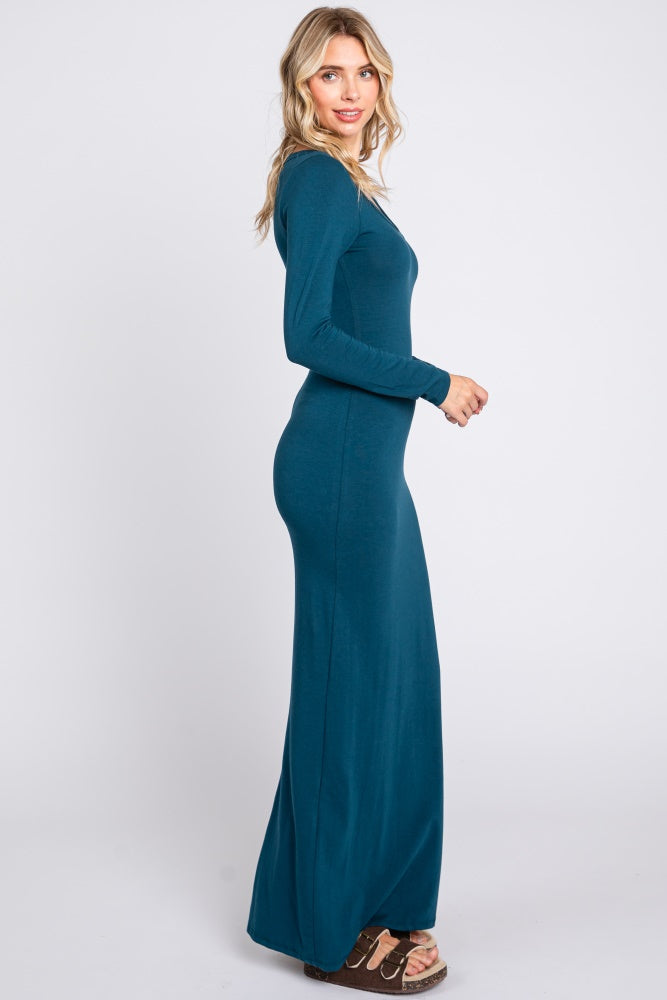 Dark Teal Solid Long Sleeve Scoop Neck Maxi Dress Medium