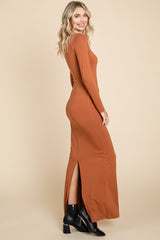 Camel Solid Long Sleeve Scoop Neck Maxi Dress
